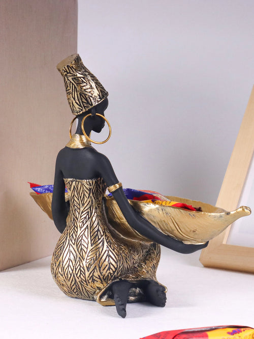 African Girl Holding a Plate Sculpture, Home and Office Decorative Storage Ornament, Vintage Collectible Craft Deskt Decor