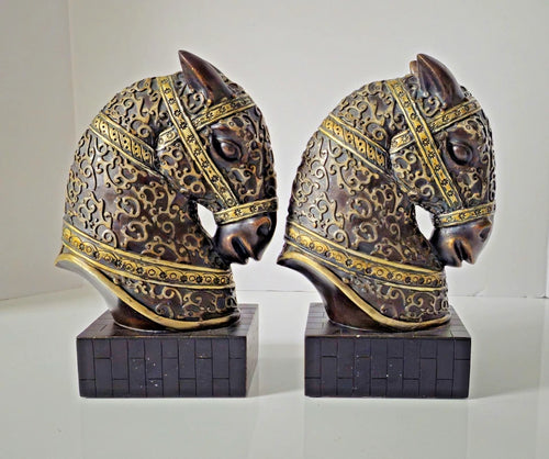 Vintage Pair of War Horse Knight Heads Sculpture/Bookends Tabletop Decor Art 11"